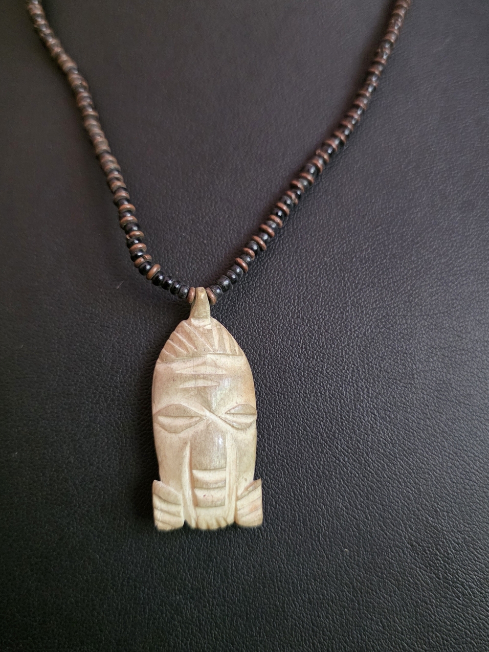 Hand-Carved Tribal Mask Pendant Necklace in Natural Brown